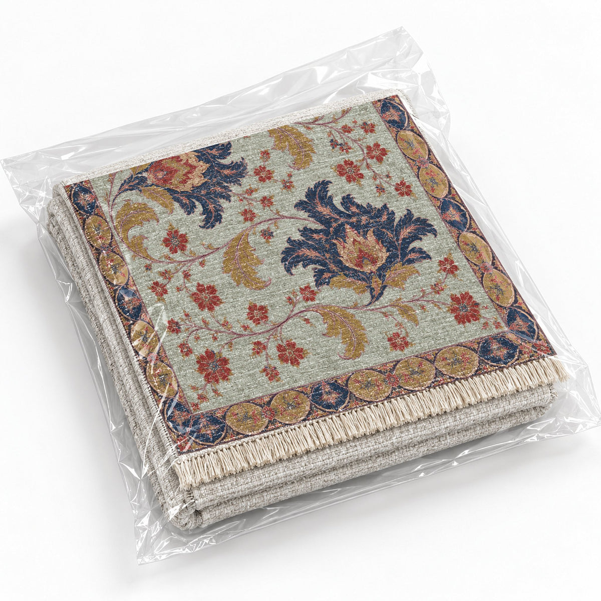 Palmette Crosscurrent Glacier, Ink & Vermilion washable rug rolled and packaged
