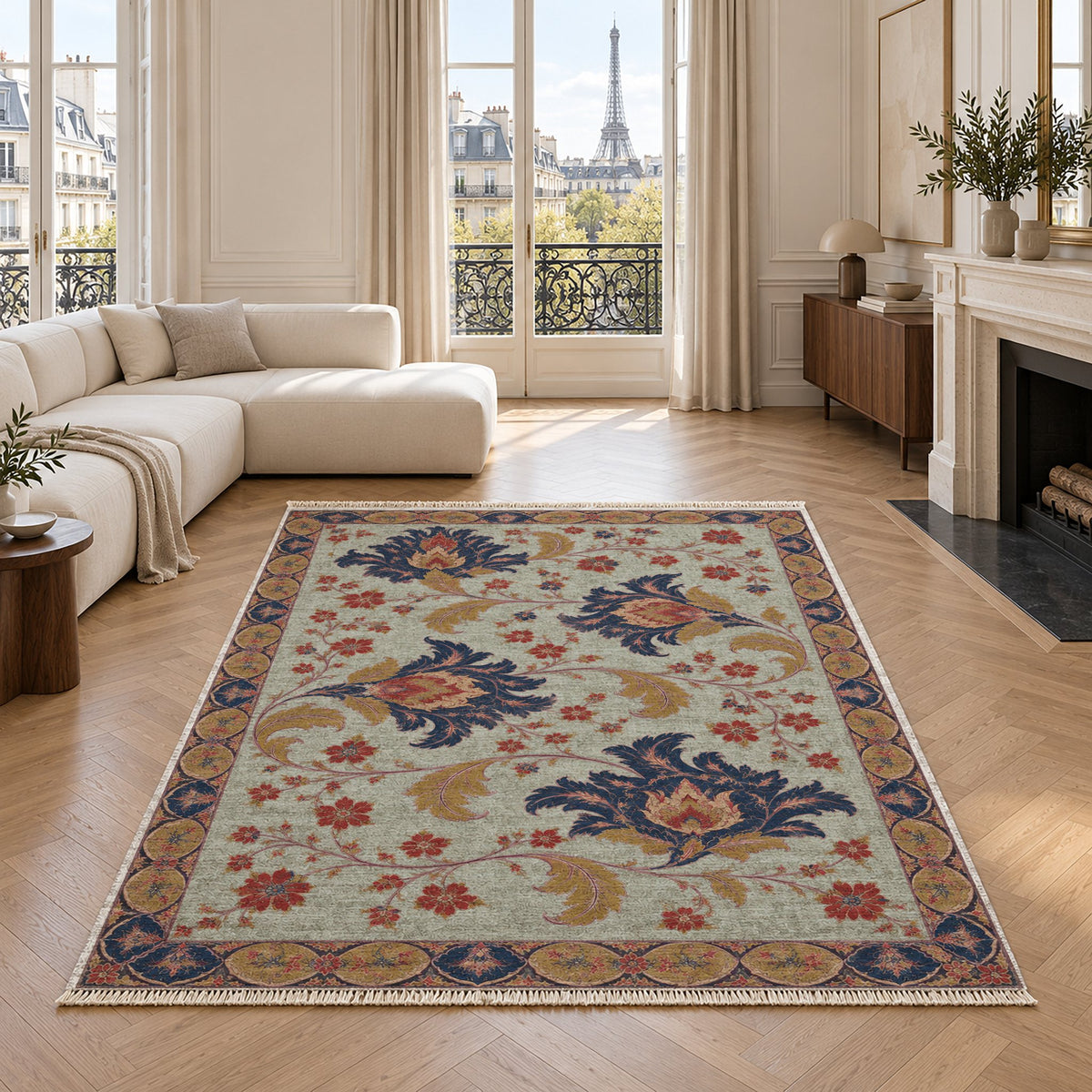Palmette Crosscurrent Glacier, Ink & Vermilion washable rug in a living room with an Eiffel Tower view