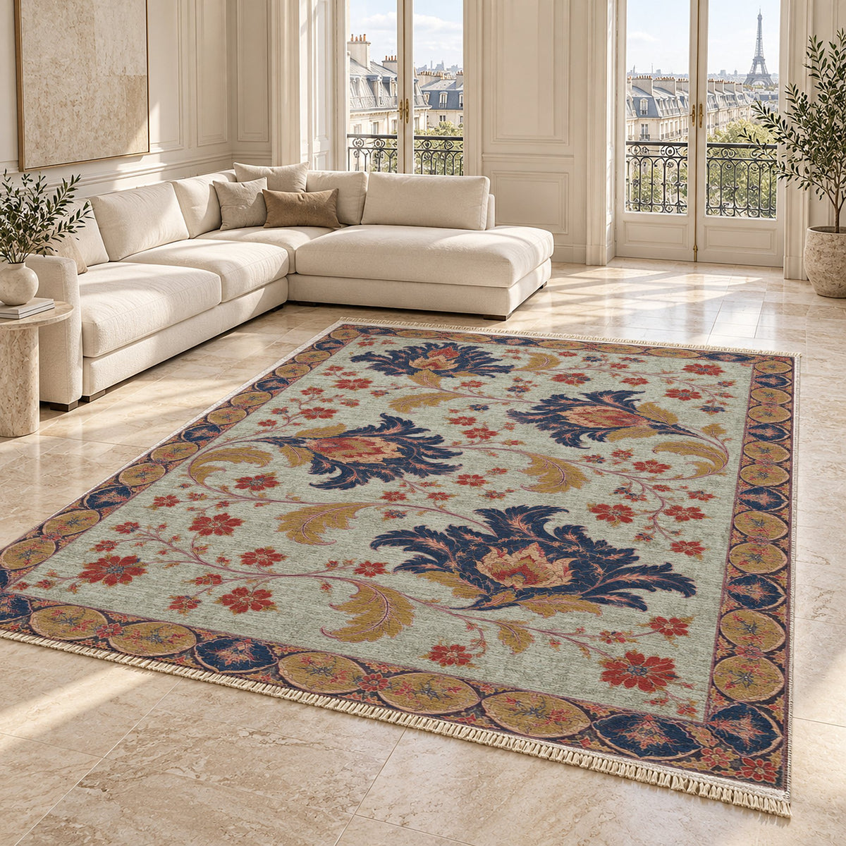 Palmette Crosscurrent Glacier, Ink & Vermilion washable rug angled room view on marble