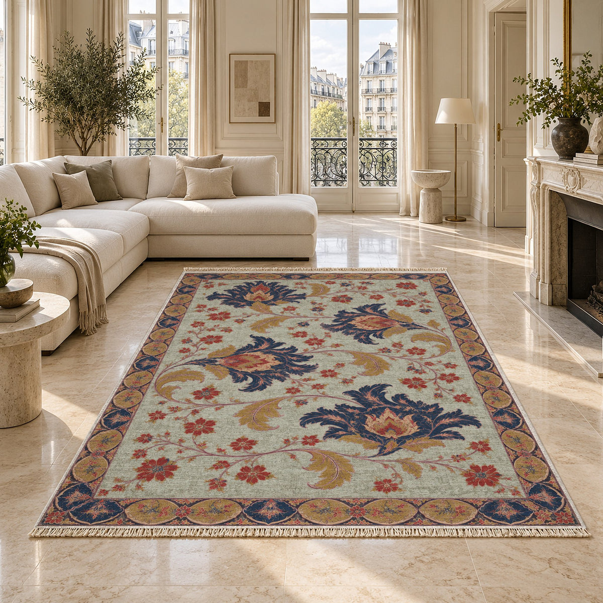Palmette Crosscurrent Glacier, Ink & Vermilion washable rug on a marble floor