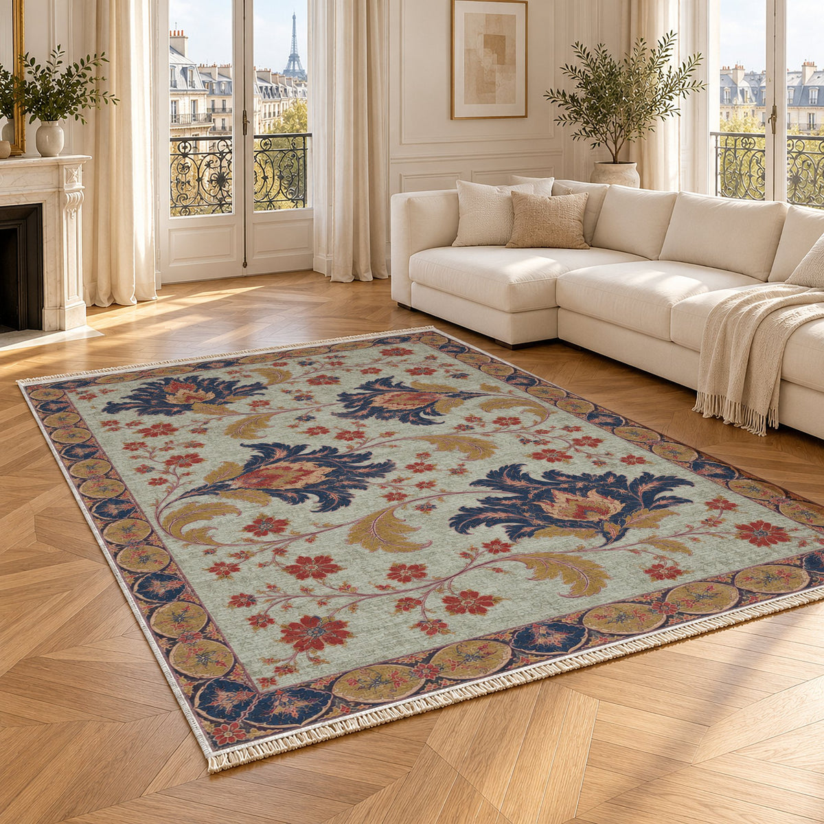 Palmette Crosscurrent Glacier, Ink & Vermilion washable rug angled room view