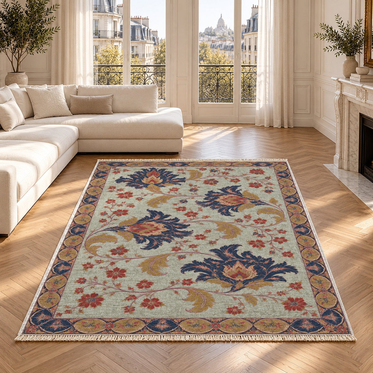 Palmette Crosscurrent Glacier, Ink & Vermilion washable rug in a Paris living room