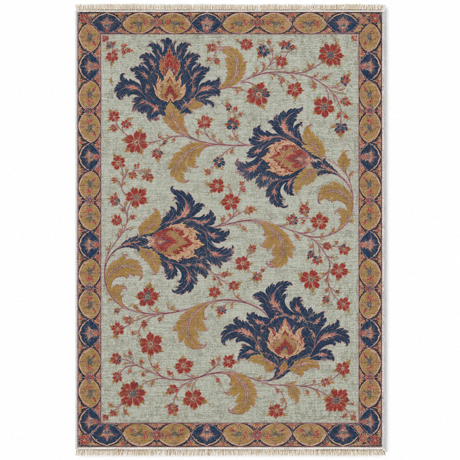 Palmette Crosscurrent Glacier, Ink & Vermilion Distressed Washable Rug