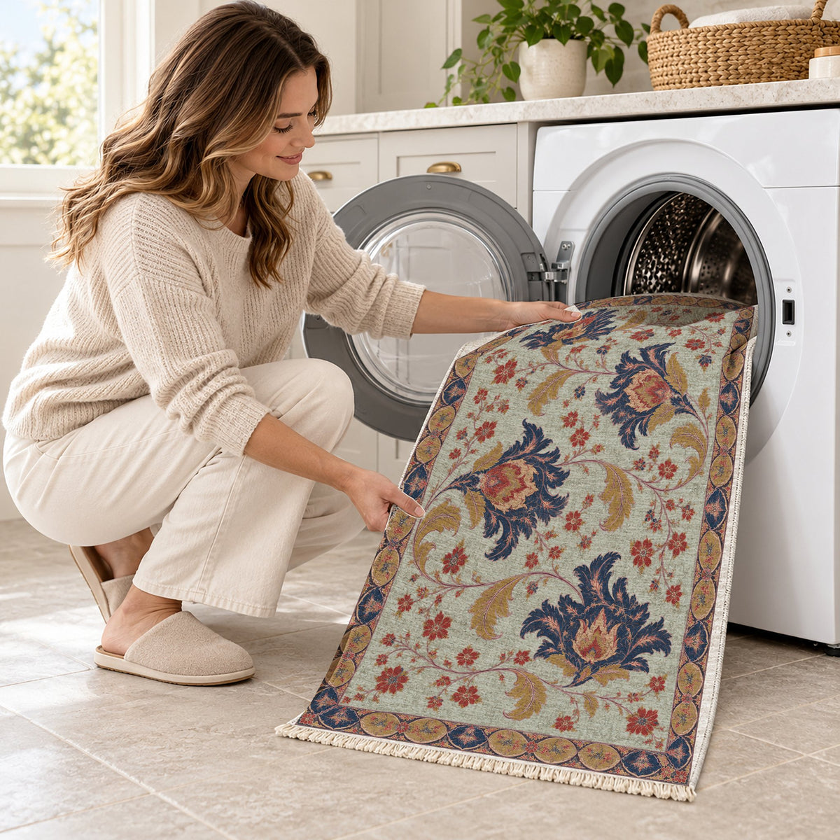 Palmette Crosscurrent Glacier, Ink & Vermilion washable rug being loaded into a washing machine