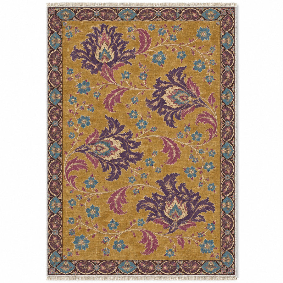 Palmette Crosscurrent Golden, Plum & Azure Distressed Washable Rug
