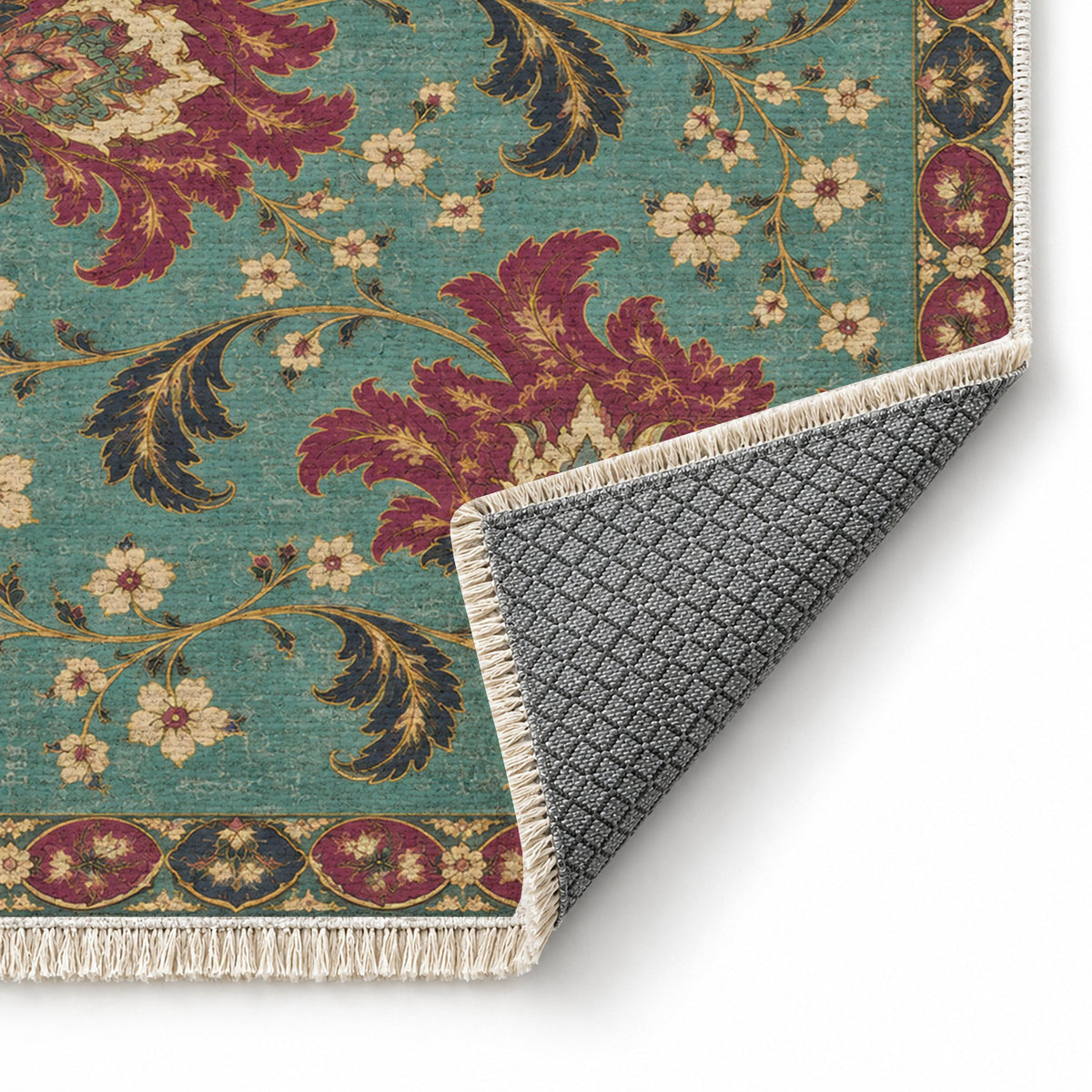 Palmette Crosscurrent Lagoon & Berry washable rug folded corner showing the backing
