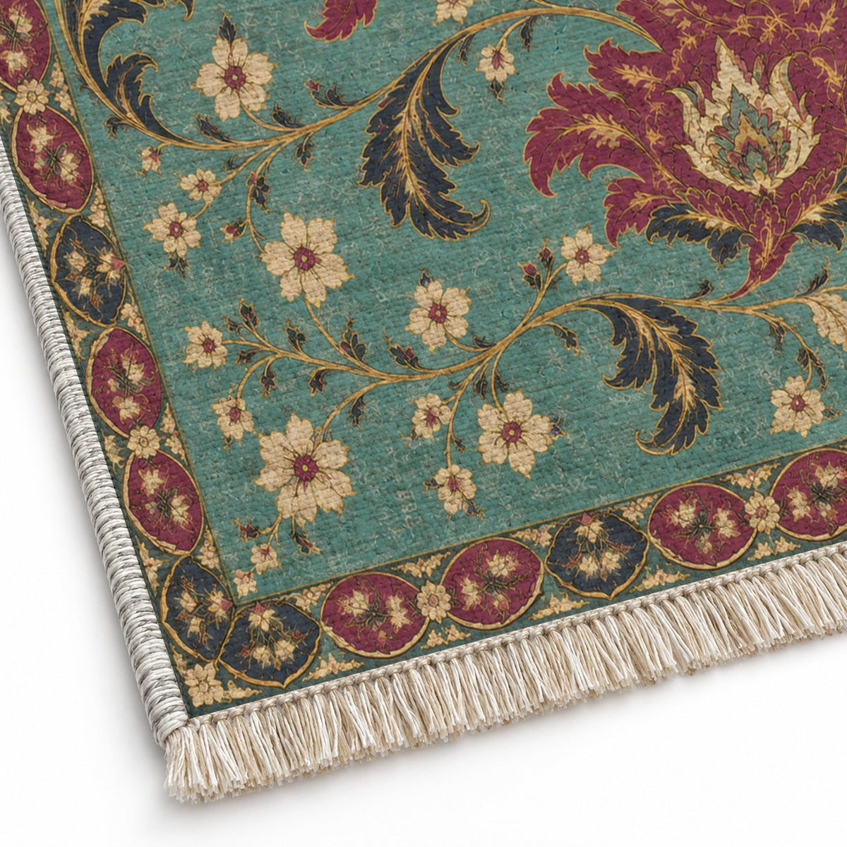 Palmette Crosscurrent Lagoon & Berry washable rug close-up of the printed chenille