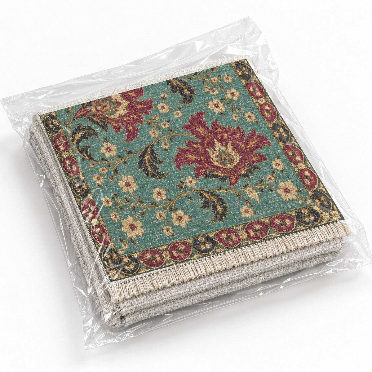 Palmette Crosscurrent Lagoon & Berry washable rug rolled and packaged