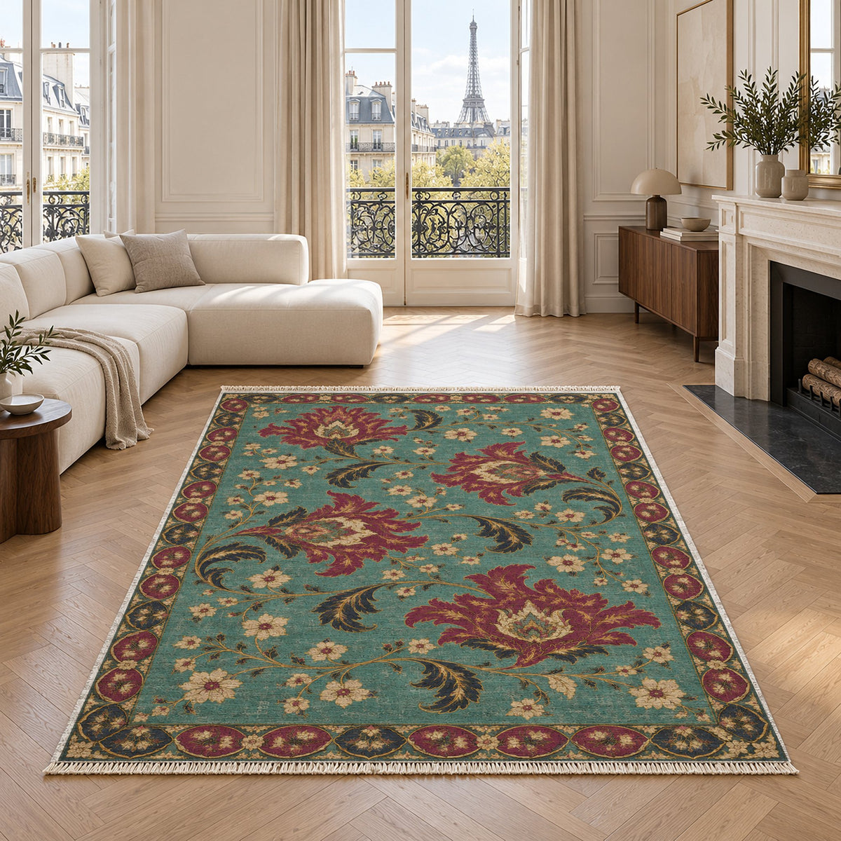 Palmette Crosscurrent Lagoon & Berry washable rug in a living room with an Eiffel Tower view