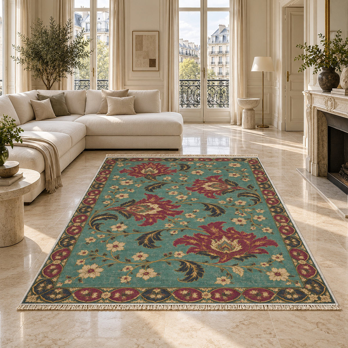 Palmette Crosscurrent Lagoon & Berry washable rug on a marble floor