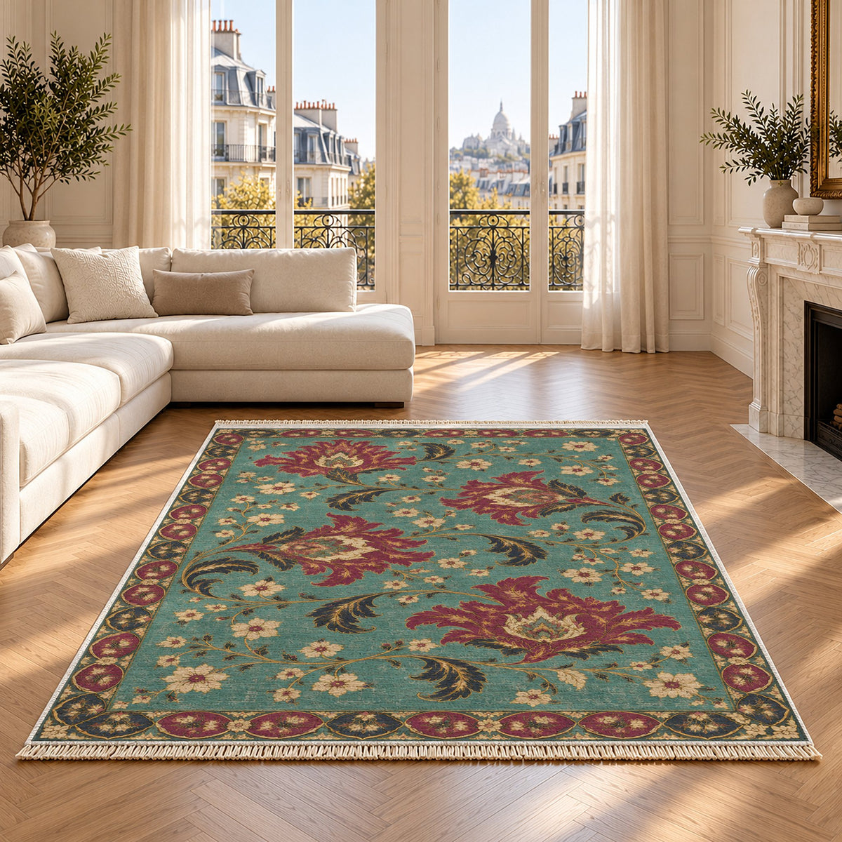 Palmette Crosscurrent Lagoon & Berry washable rug on an oak floor