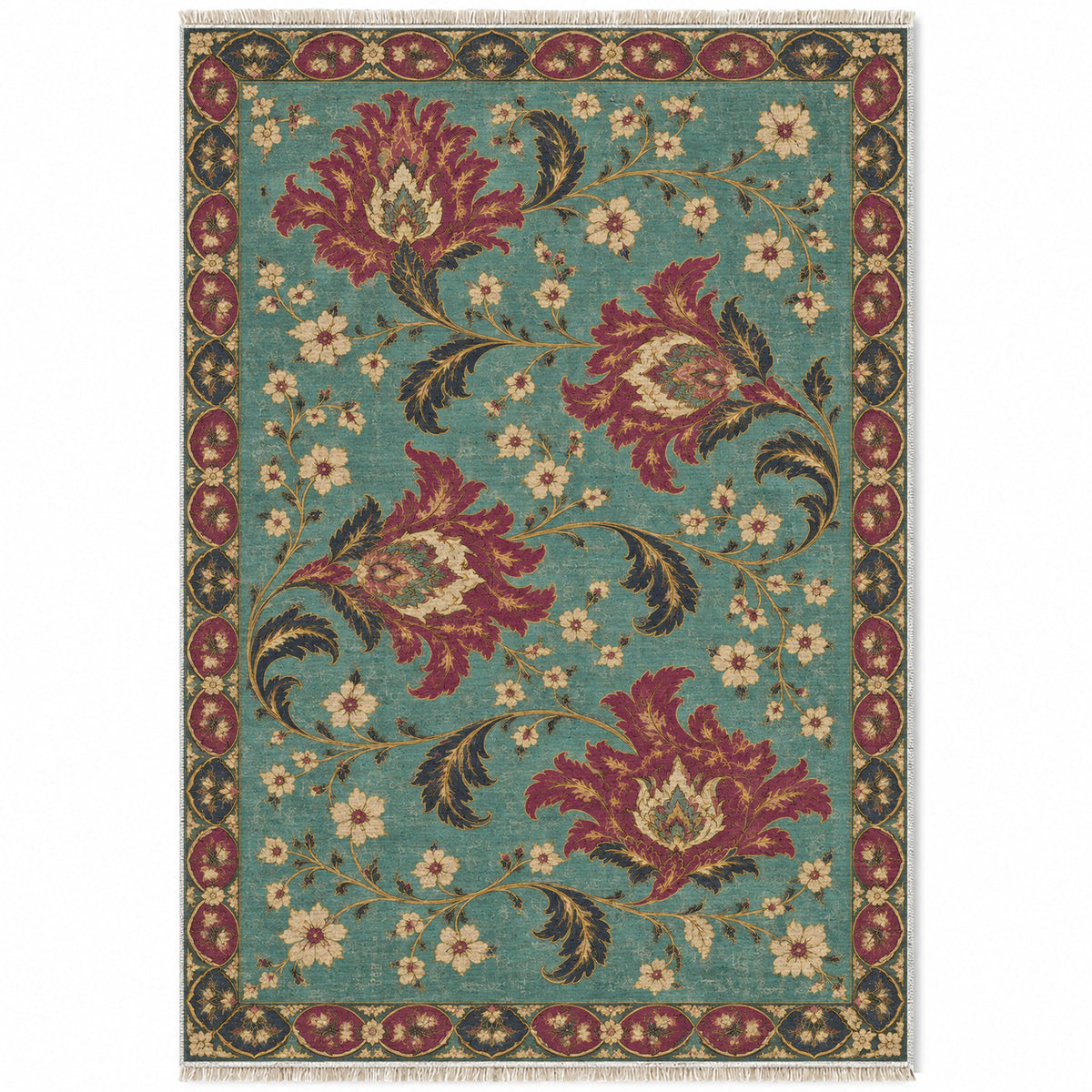Palmette Crosscurrent Lagoon & Berry washable rug top view
