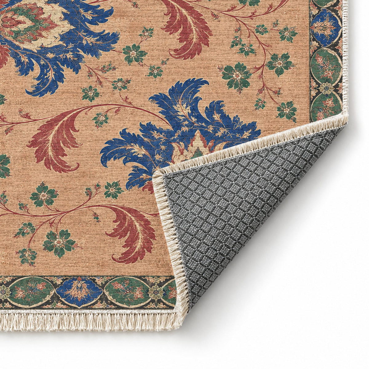 Palmette Crosscurrent Peach, Cobalt & Jade washable rug folded corner showing the backing