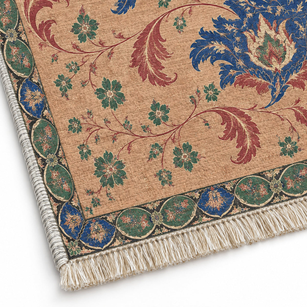 Palmette Crosscurrent Peach, Cobalt & Jade washable rug close-up of the printed chenille