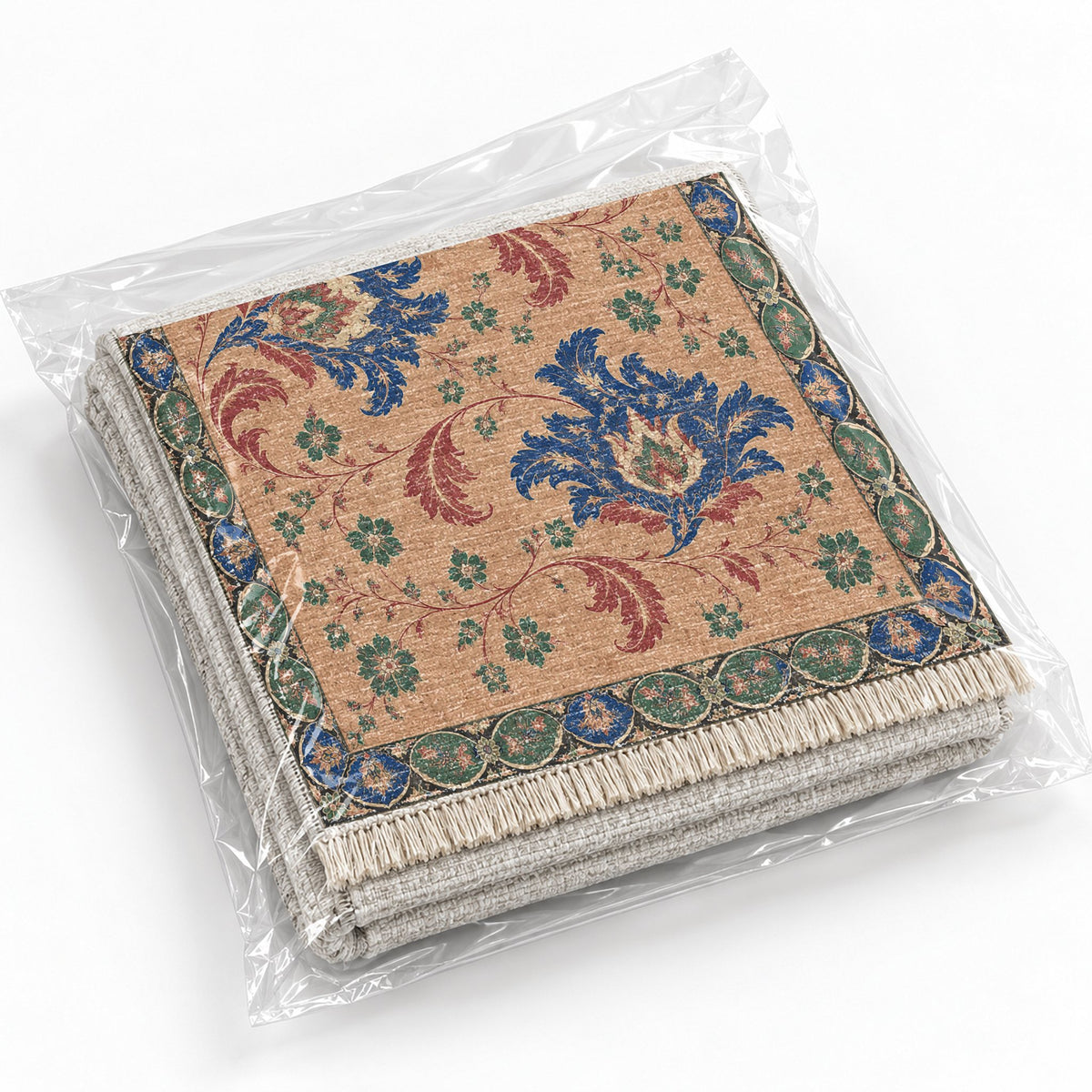 Palmette Crosscurrent Peach, Cobalt & Jade washable rug rolled and packaged