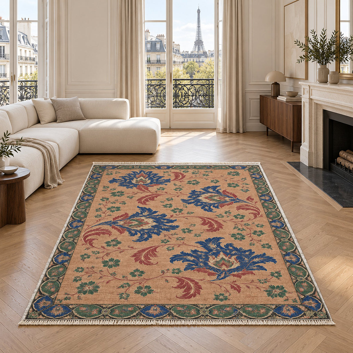 Palmette Crosscurrent Peach, Cobalt & Jade washable rug in a living room with an Eiffel Tower view