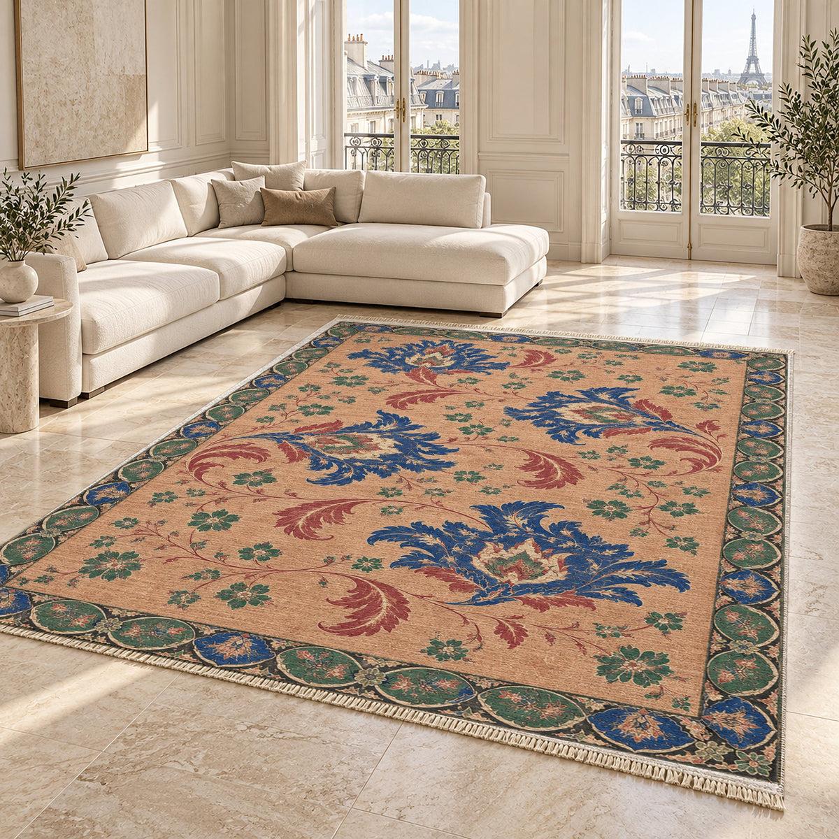 Palmette Crosscurrent Peach, Cobalt & Jade washable rug angled room view on marble
