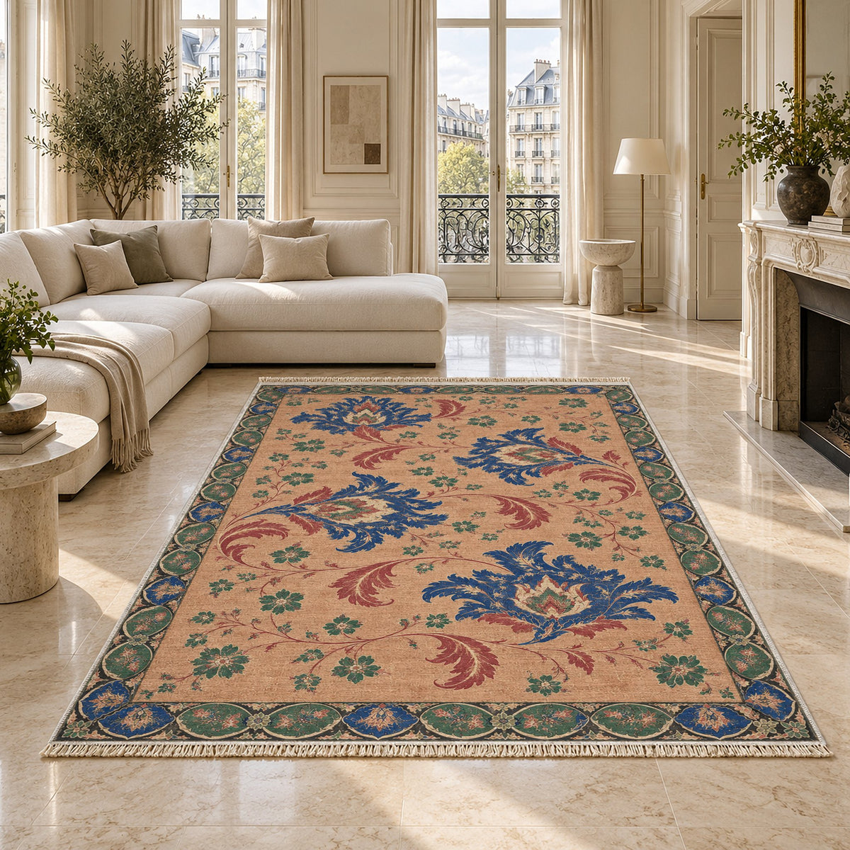 Palmette Crosscurrent Peach, Cobalt & Jade washable rug on a marble floor