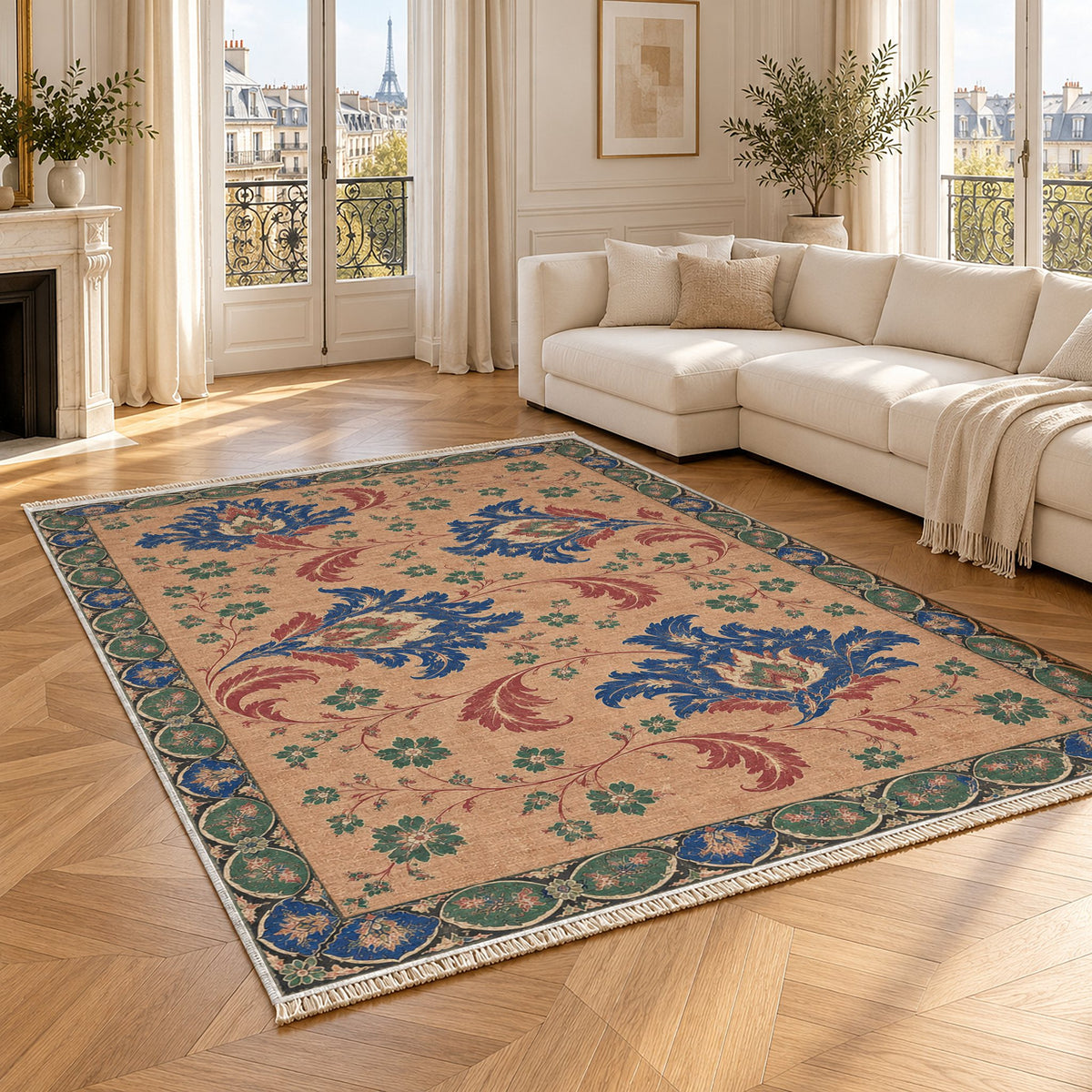 Palmette Crosscurrent Peach, Cobalt & Jade washable rug angled room view