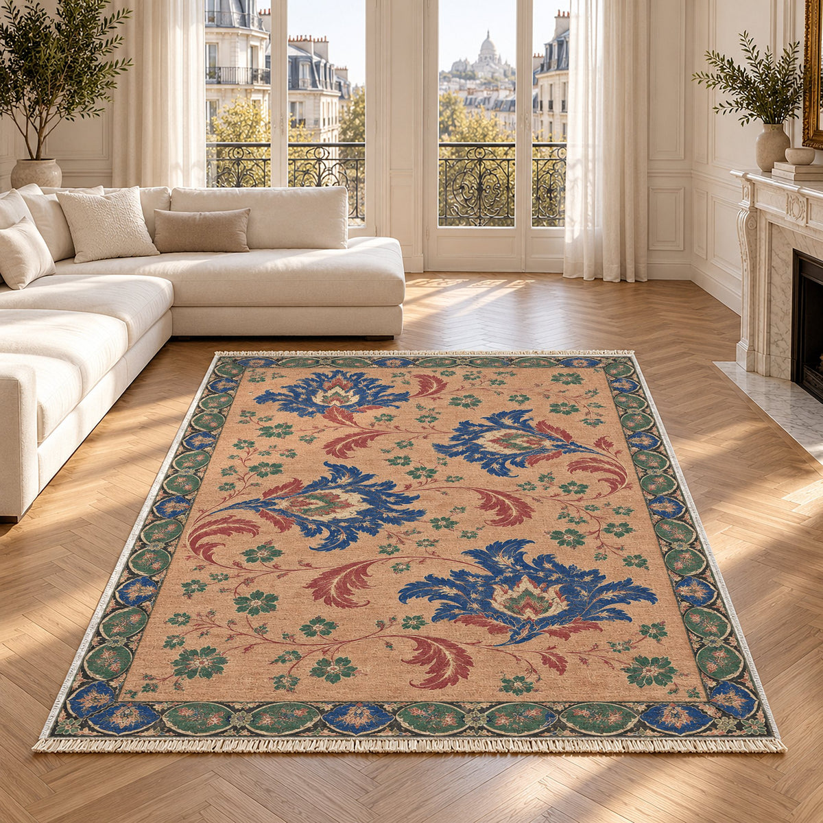 Palmette Crosscurrent Peach, Cobalt & Jade washable rug in a Paris living room