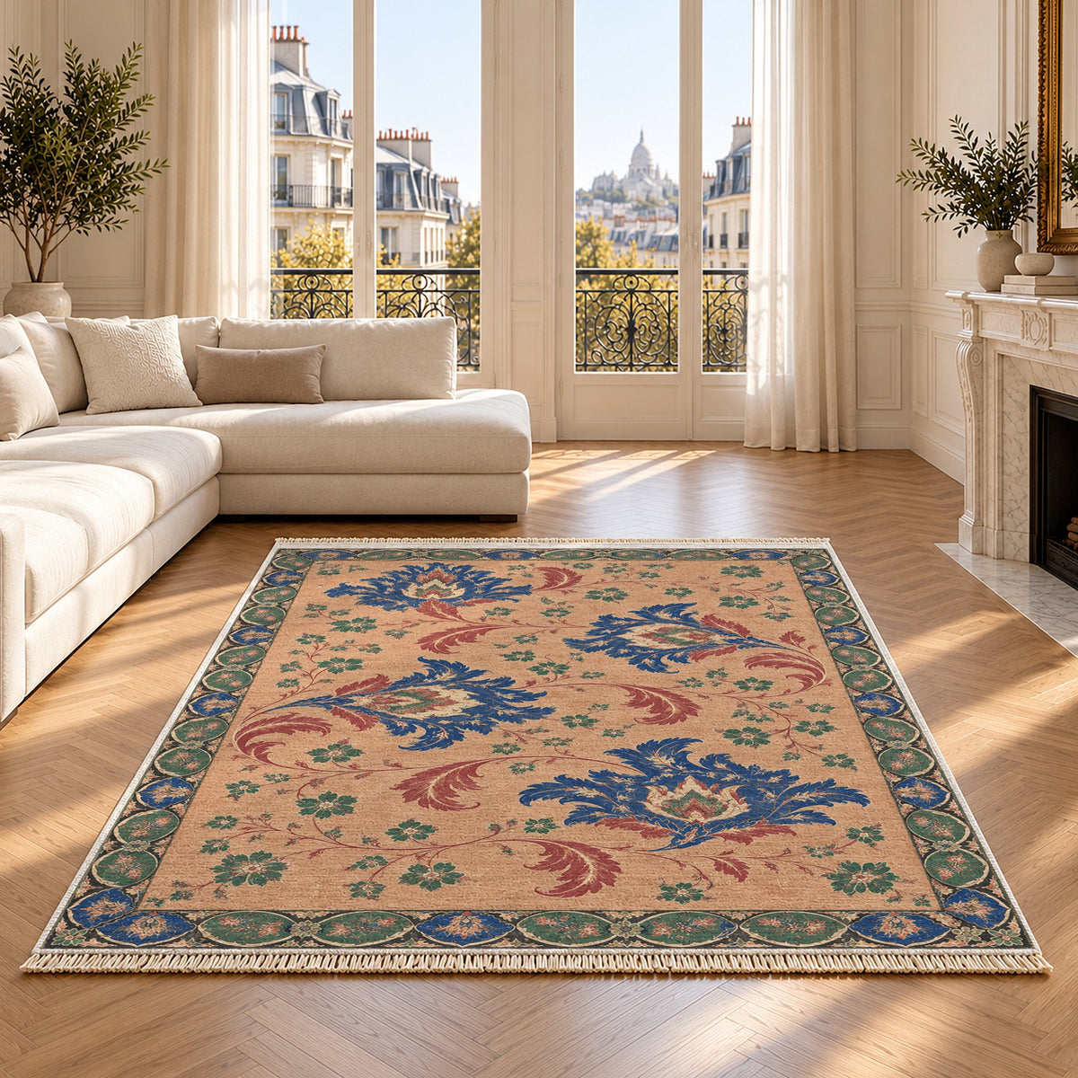 Palmette Crosscurrent Peach, Cobalt & Jade washable rug on an oak floor