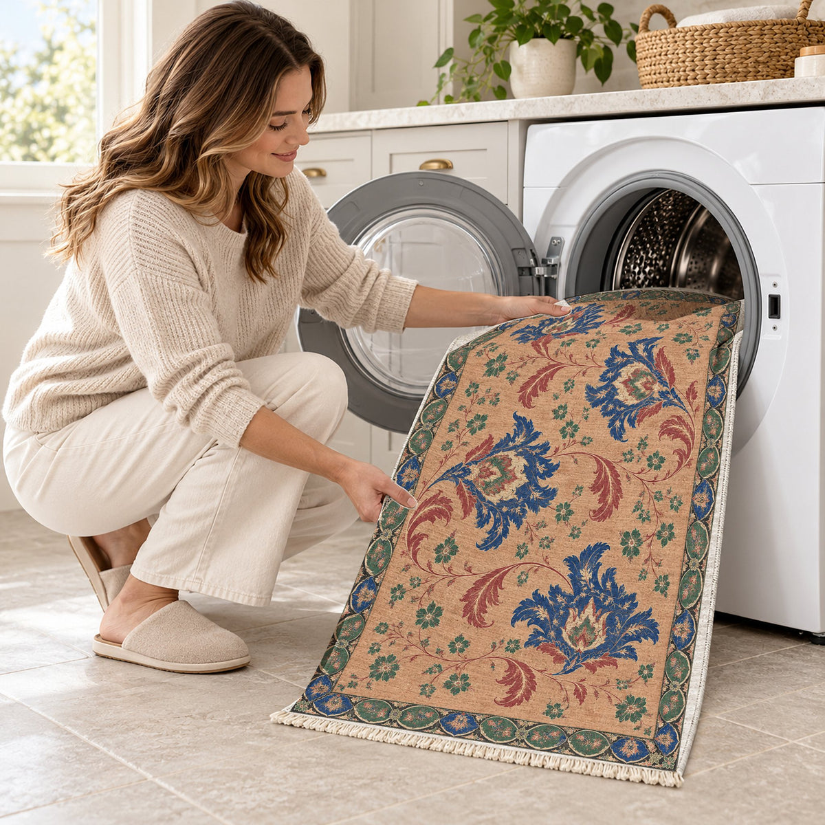 Palmette Crosscurrent Peach, Cobalt & Jade washable rug being loaded into a washing machine