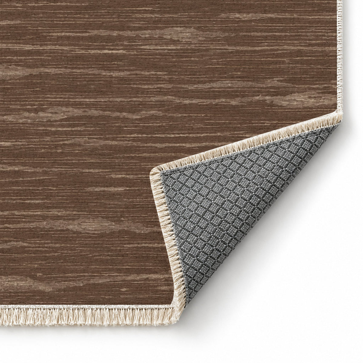 Paper Weave Cocoa & Taupe washable rug folded corner showing the backing