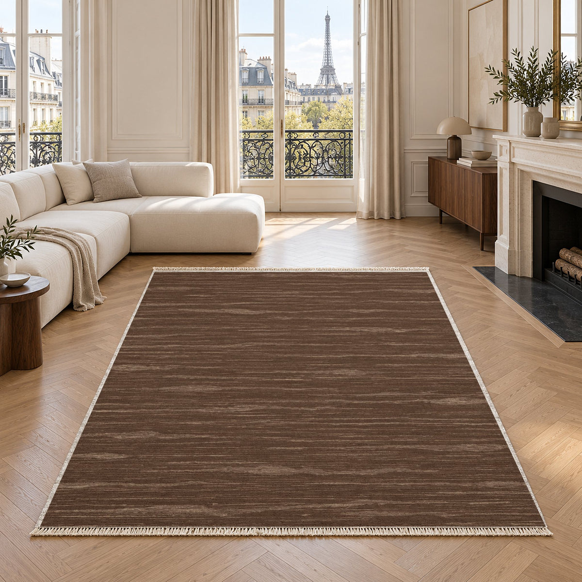 Paper Weave Cocoa & Taupe washable rug in a living room with an Eiffel Tower view