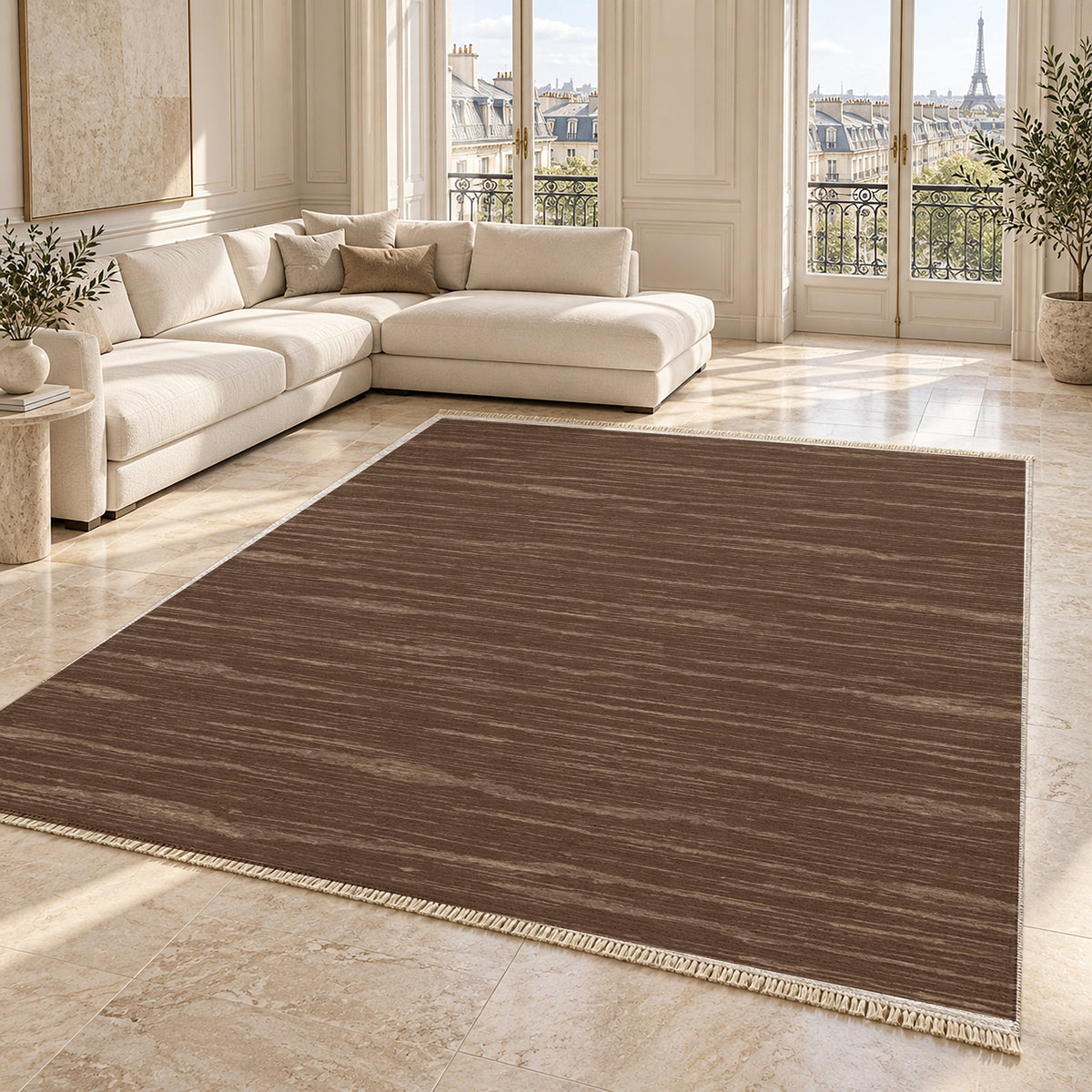 Paper Weave Cocoa & Taupe washable rug angled room view on marble