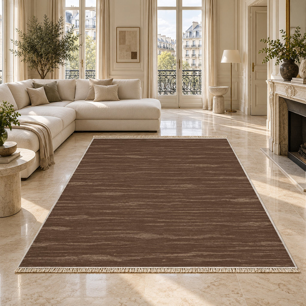 Paper Weave Cocoa & Taupe washable rug on a marble floor