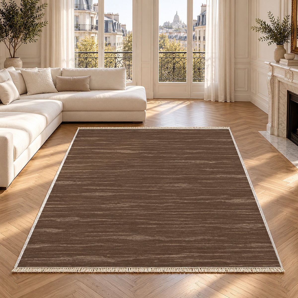 Paper Weave Cocoa & Taupe washable rug in a Paris living room