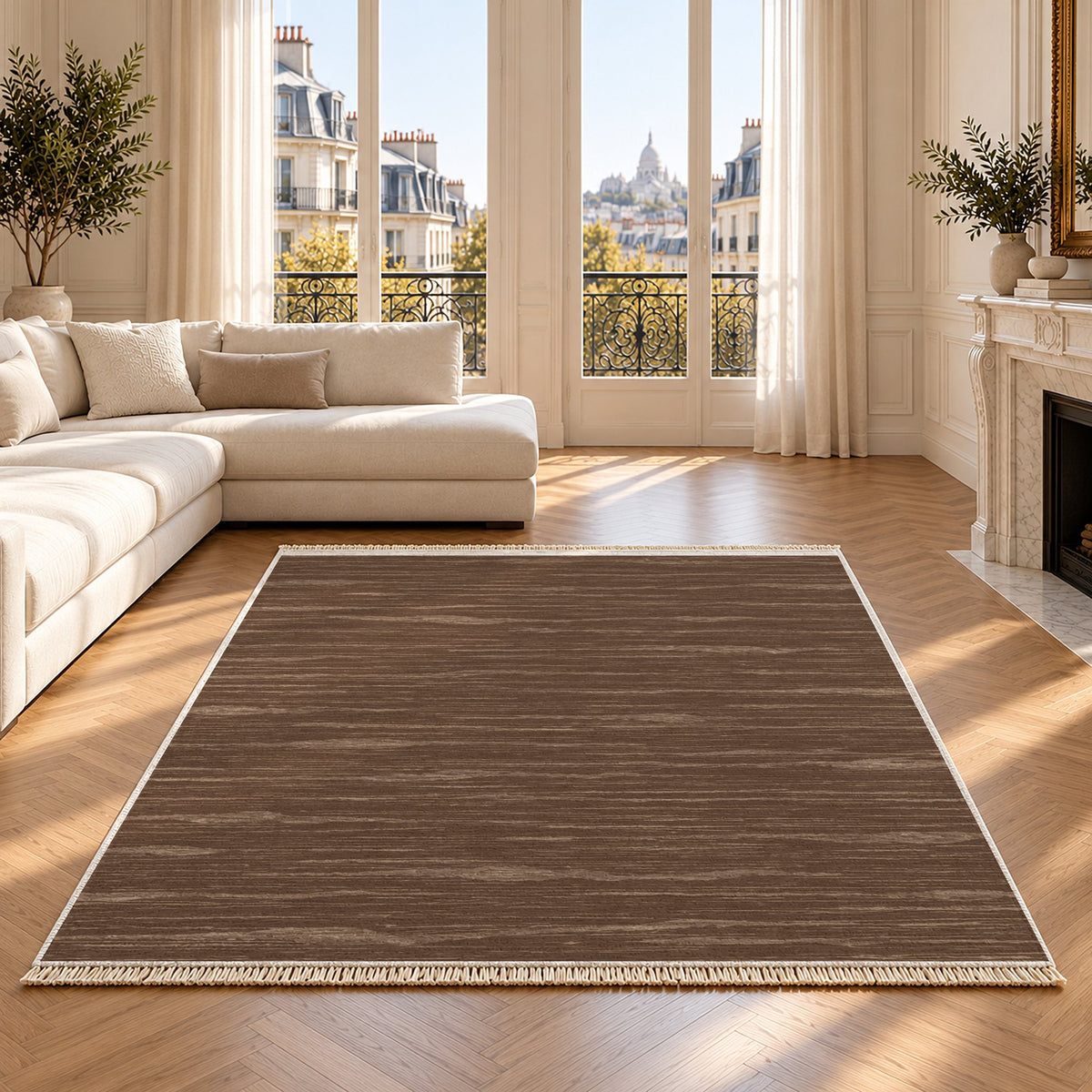 Paper Weave Cocoa & Taupe washable rug on an oak floor