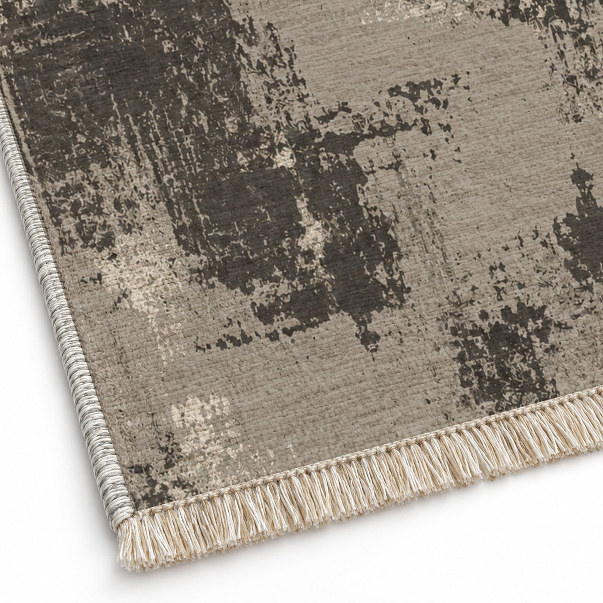 Patina Field Greige & Charcoal washable rug close-up of the printed chenille