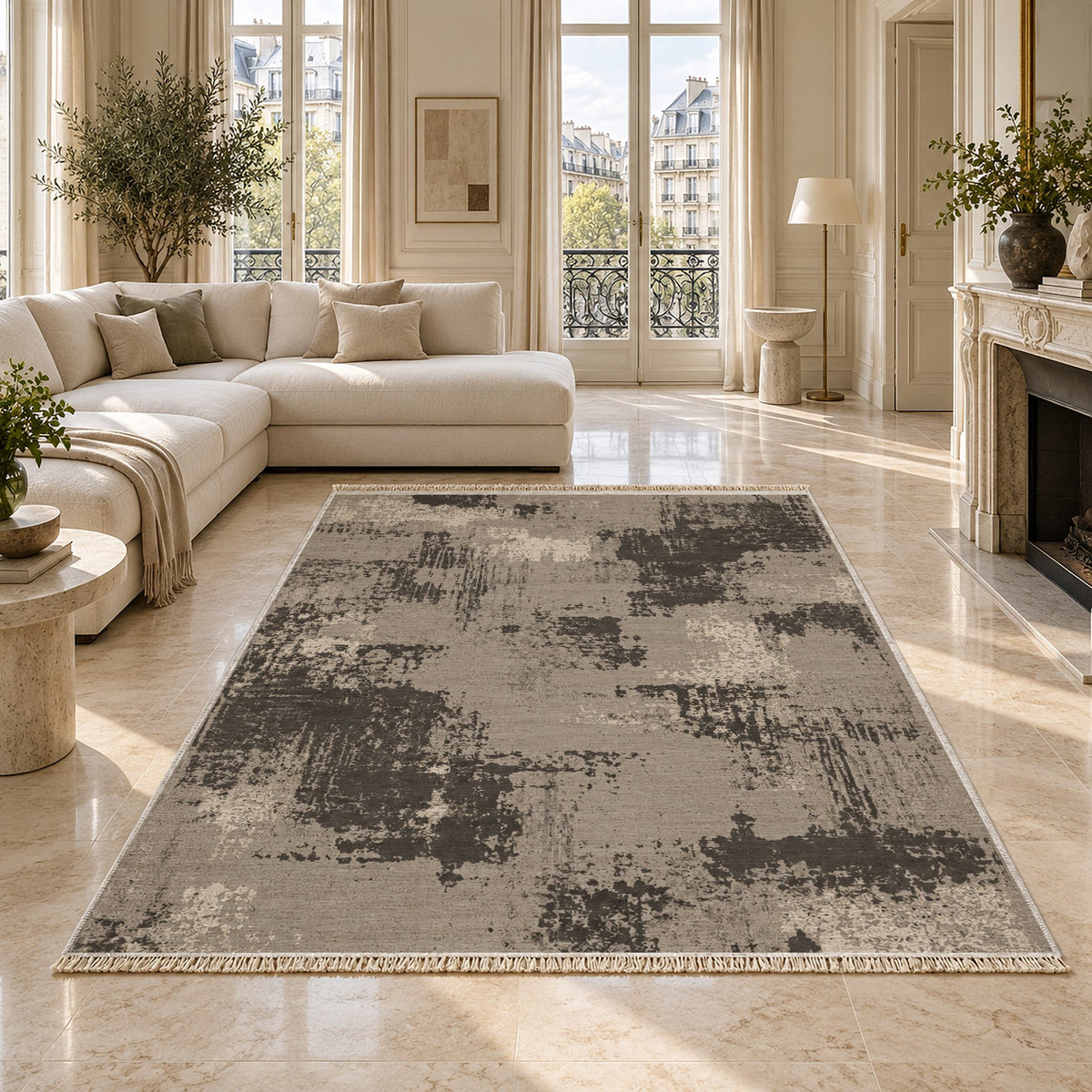 Patina Field Greige & Charcoal washable rug on a marble floor