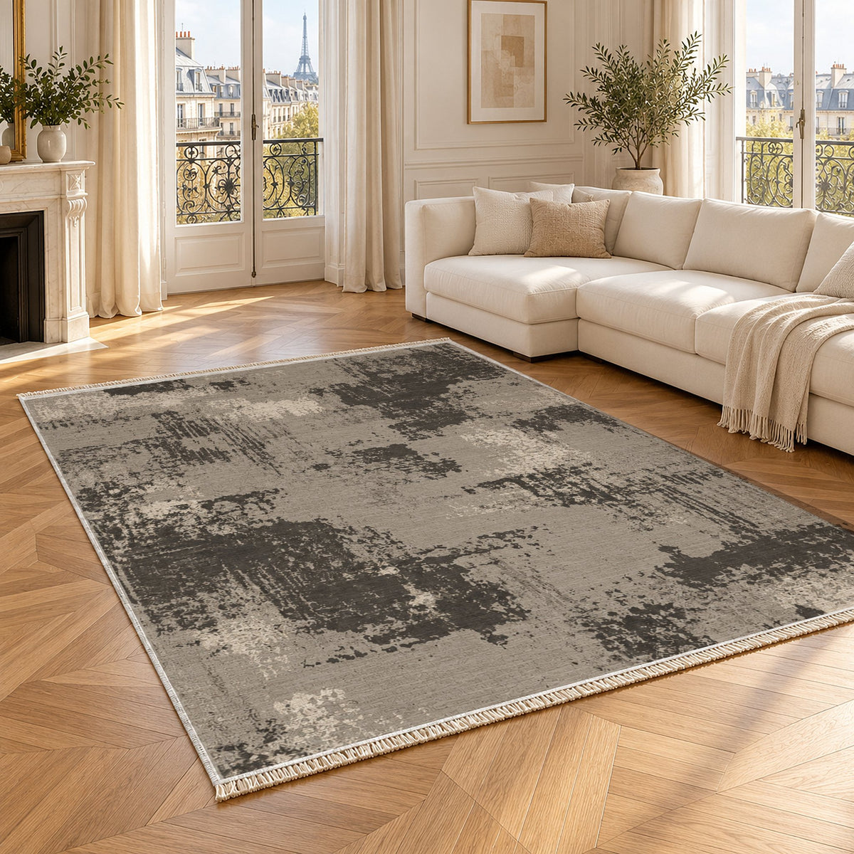 Patina Field Greige & Charcoal washable rug angled room view