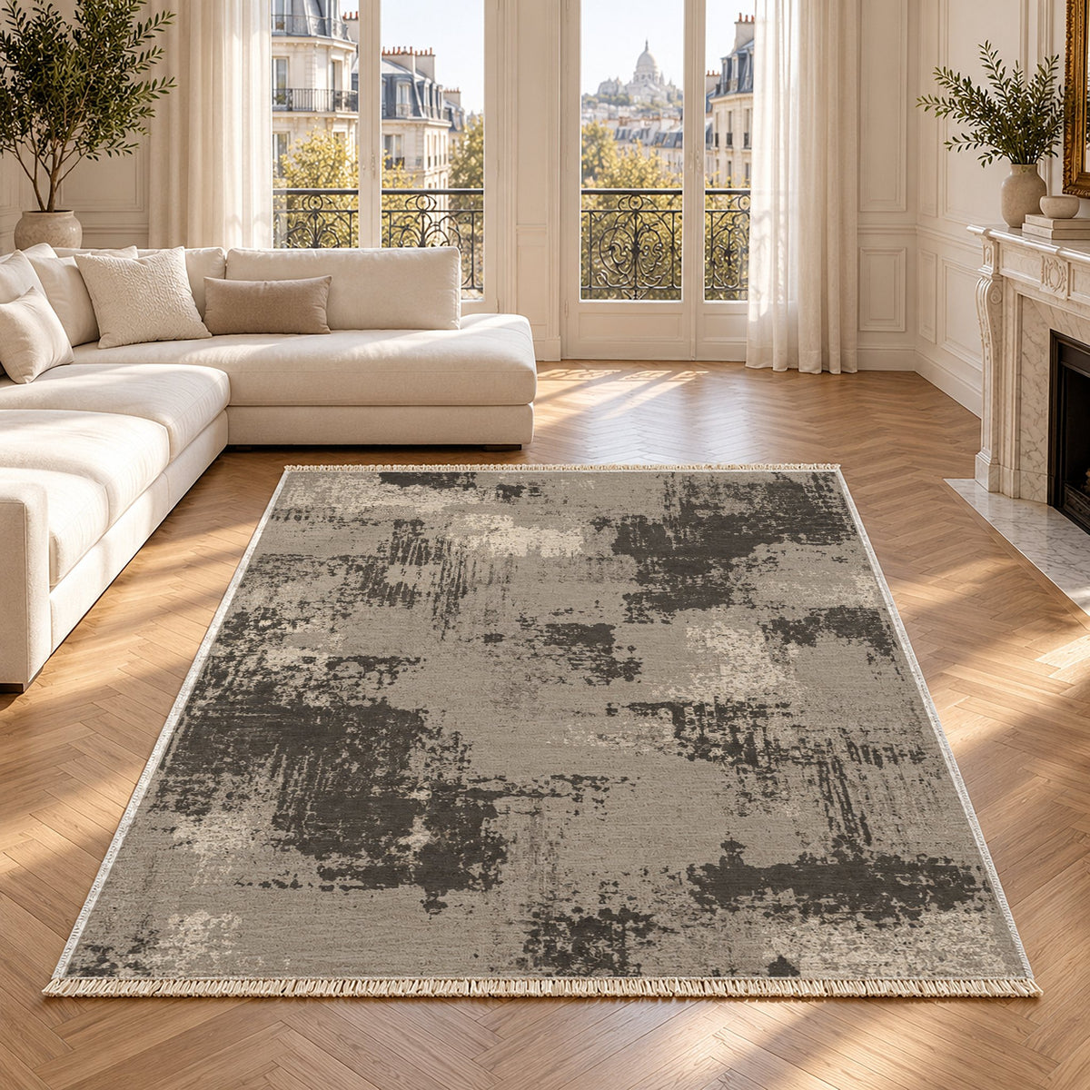 Patina Field Greige & Charcoal washable rug in a Paris living room
