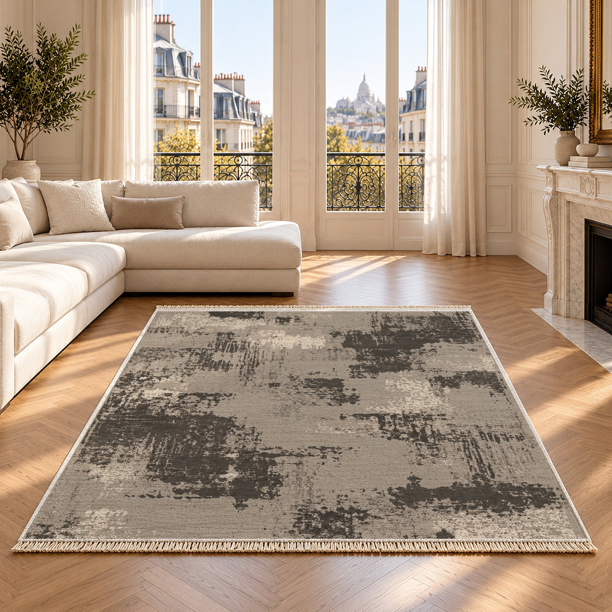 Patina Field Greige & Charcoal washable rug on an oak floor