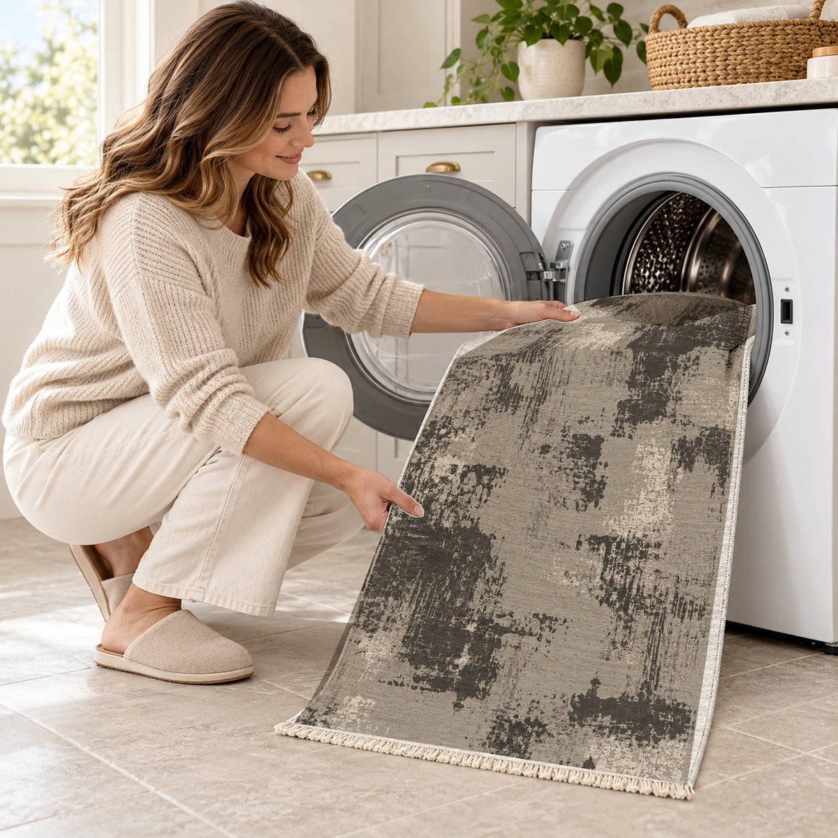 Patina Field Greige & Charcoal washable rug being loaded into a washing machine