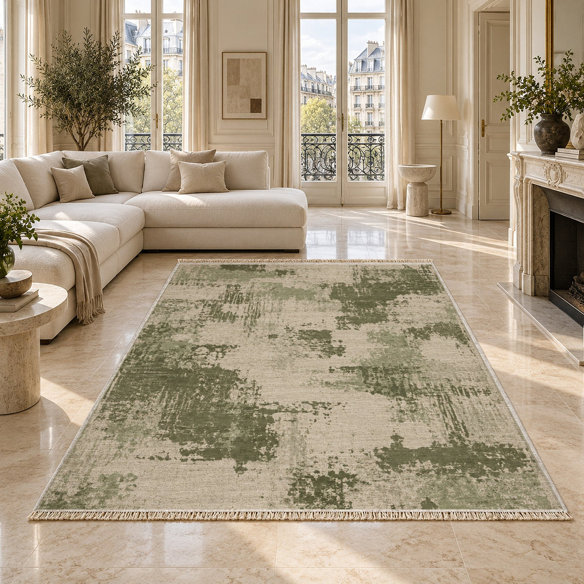 Patina Field Ivory & Sage washable rug on a marble floor
