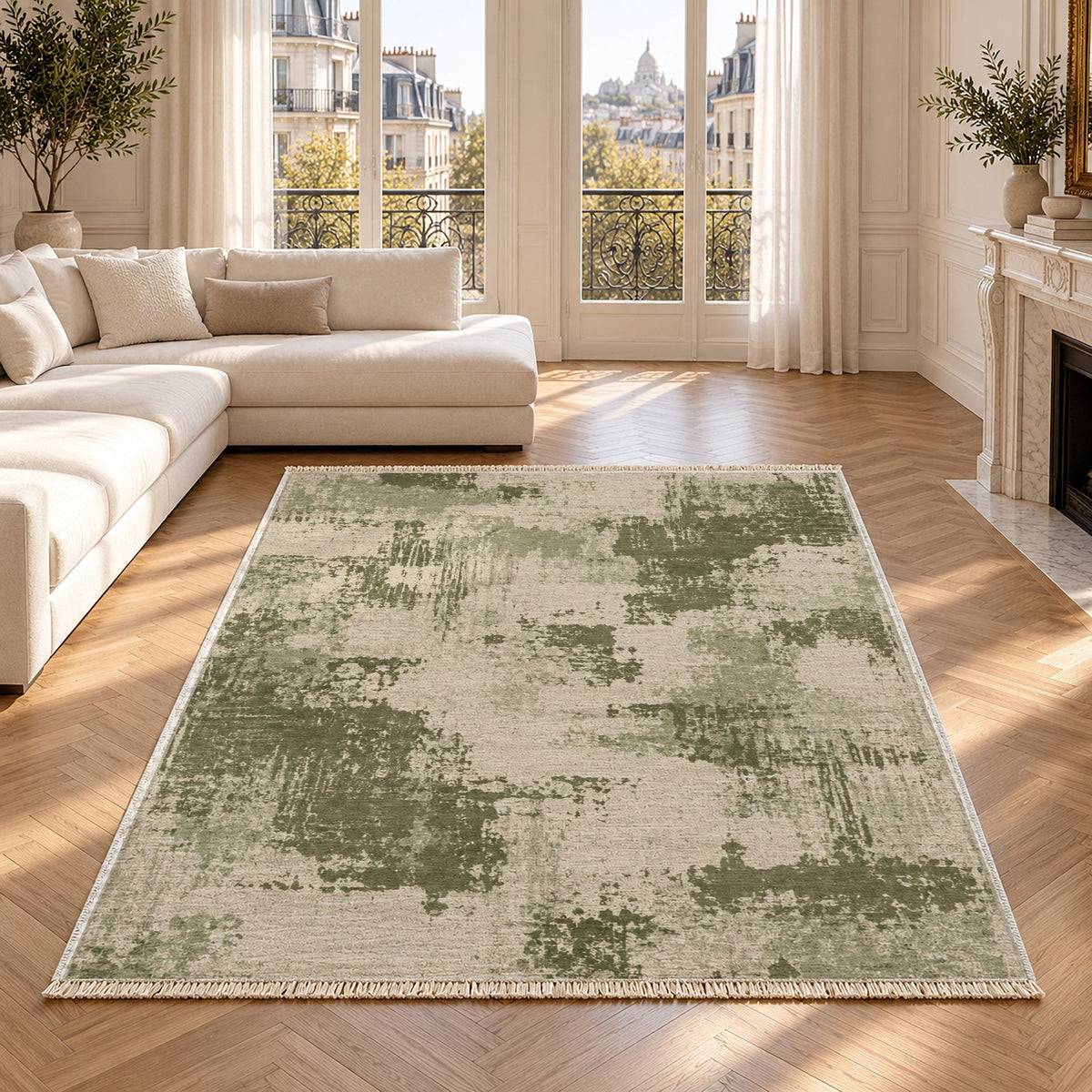 Patina Field Ivory & Sage washable rug in a Paris living room