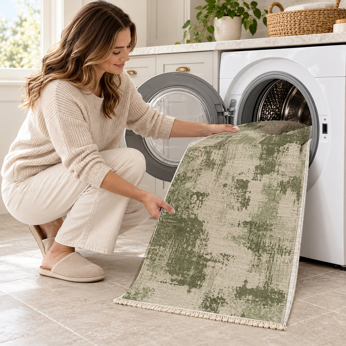 Patina Field Ivory & Sage washable rug being loaded into a washing machine
