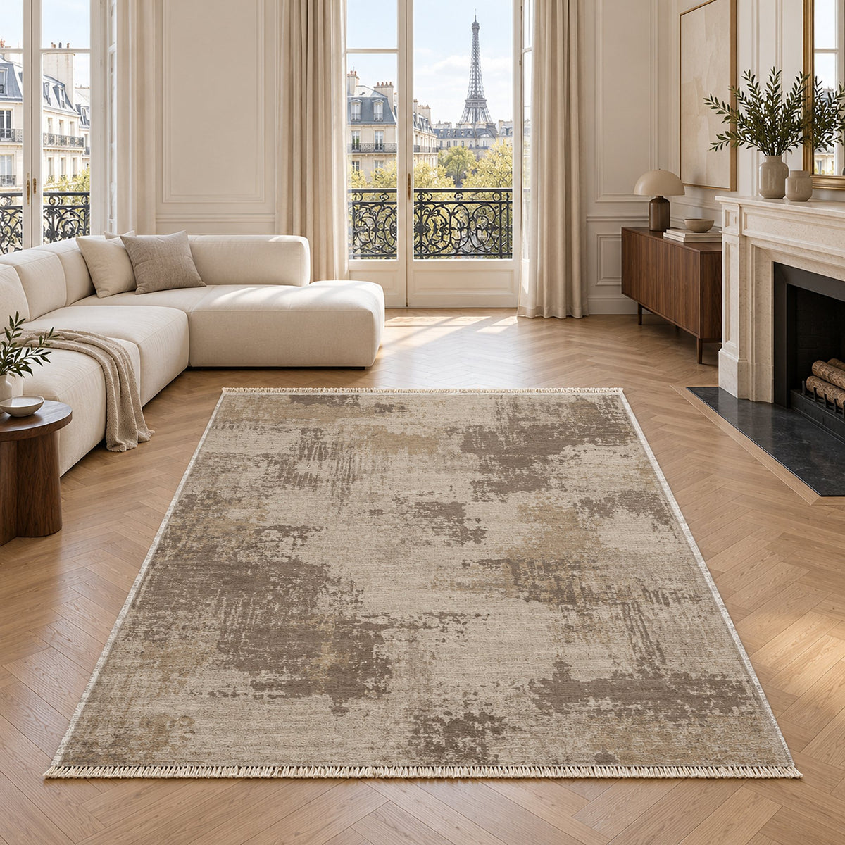 Patina Field Ivory & Taupe washable rug in a living room with an Eiffel Tower view