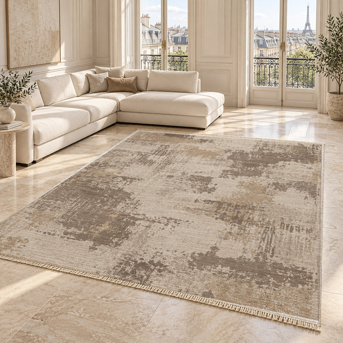 Patina Field Ivory & Taupe washable rug angled room view on marble