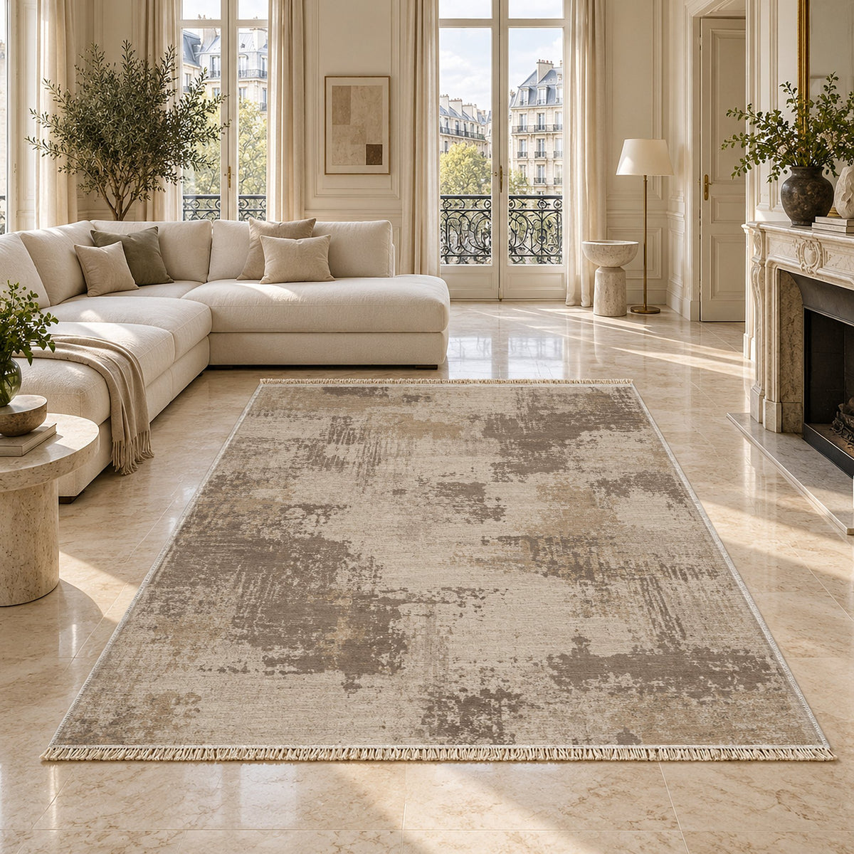 Patina Field Ivory & Taupe washable rug on a marble floor