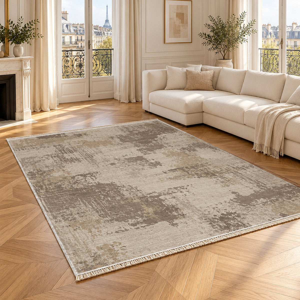 Patina Field Ivory & Taupe washable rug angled room view