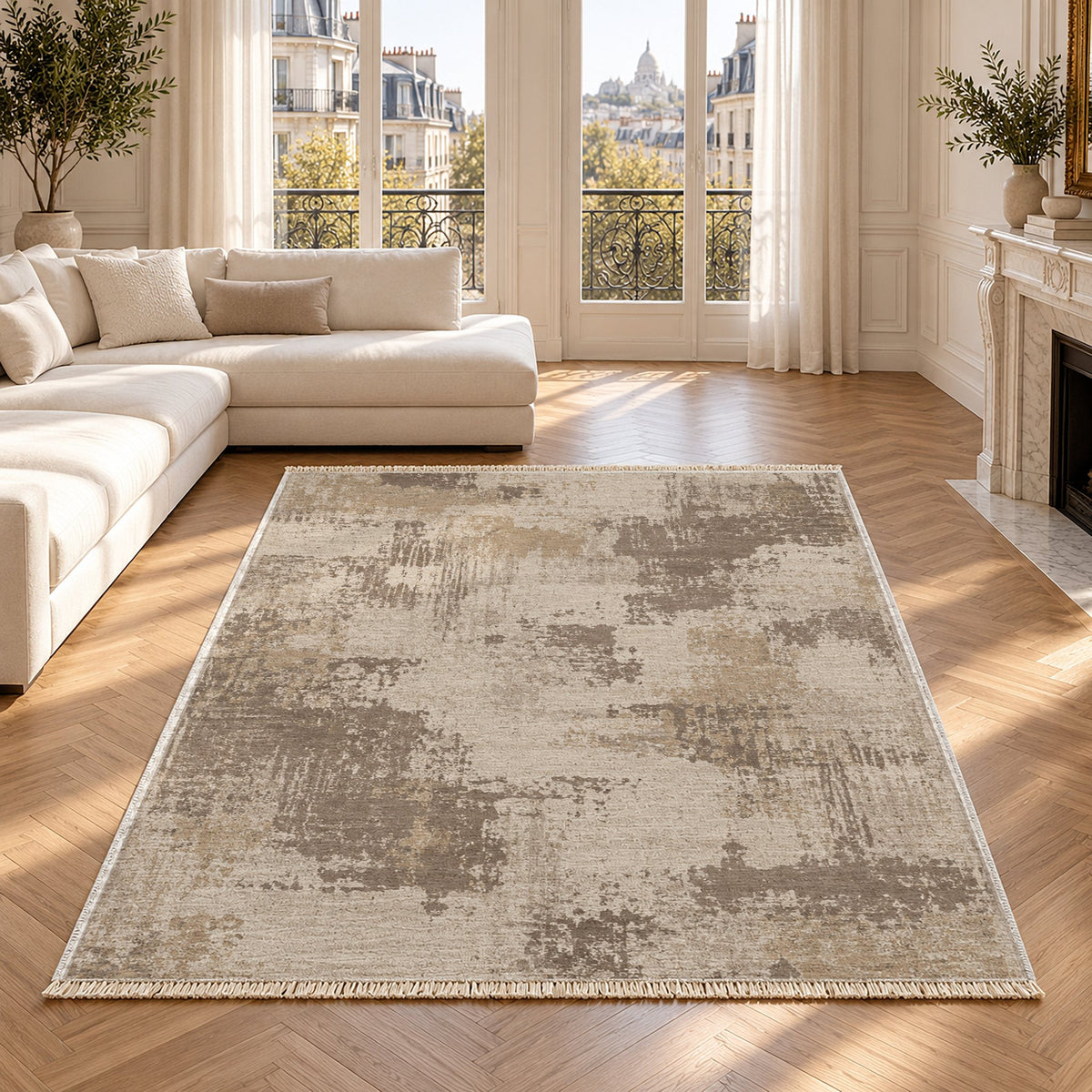 Patina Field Ivory & Taupe washable rug in a Paris living room