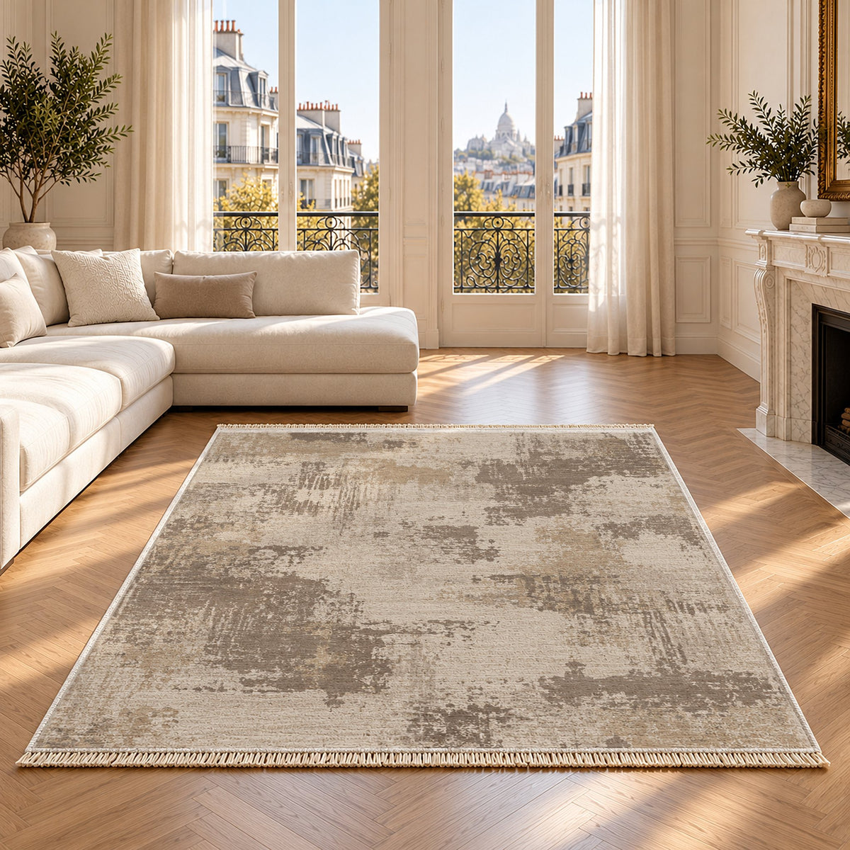 Patina Field Ivory & Taupe washable rug on an oak floor