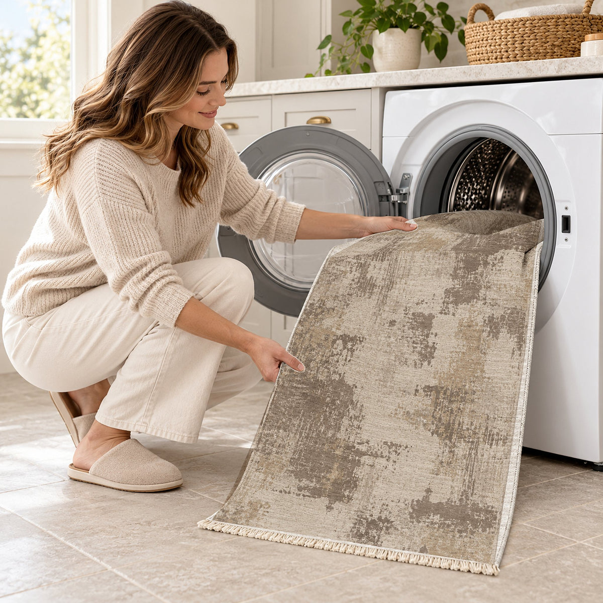 Patina Field Ivory & Taupe washable rug being loaded into a washing machine
