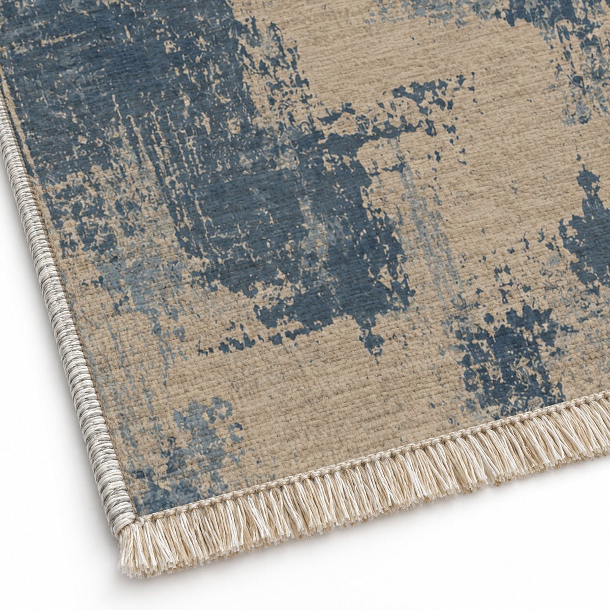 Patina Field Oat & Dusty Blue washable rug close-up of the printed chenille
