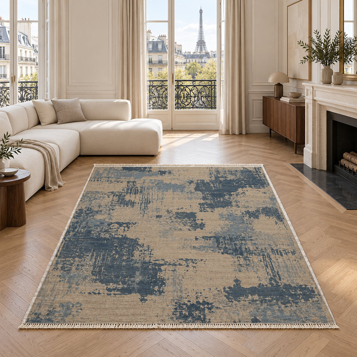 Patina Field Oat & Dusty Blue washable rug in a living room with an Eiffel Tower view